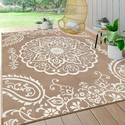 Pauwer Waterproof Outdoor Rug 8x10, Reversible Plastic Straw Patio Camping Rug, Indoor Outdoor RV Mat Carpet for Deck, Camper, Porch, Balcony, Backyard, Picnic, Boho Brown