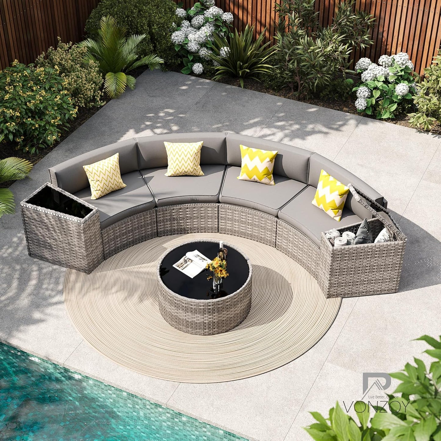 Patio Sectional Furniture Outdoor 7-Piece Grey Rattan Curved Sofa Set with Storage Table, Fit for Pool Backyard Balcony Porch Lawn (Grey)