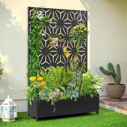 Raised Garden Bed with Trellis and Wheels,73"x47"x16" Metal Raised Garden Bed,Black Star Metal Planter with Climbing Trellis for Vines & Vegetables