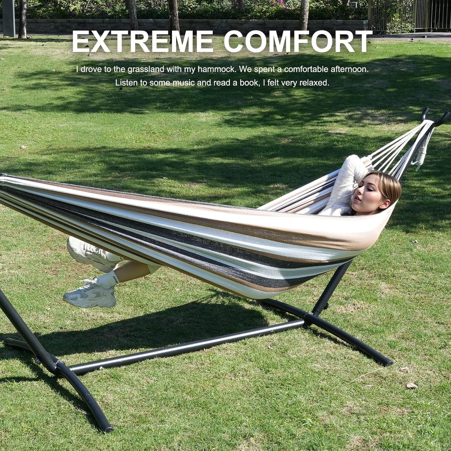 Double Hammock with Stand Included 450lb Capacity Space Saving Steel Stand,Premium Carry Bag Included,Suit for Outside,Indoor,Yard,Camping(Coffee).
