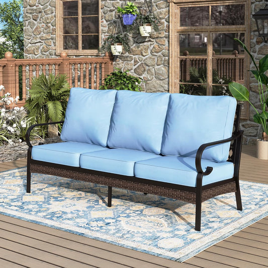 Patio Furniture Sofa, 3-Seat Patio Sofa Steel Frame Outdoor Sectional Couch with Deep Seating and 5.75” Cushions for Lawn Backyard Porch Deck, Blue