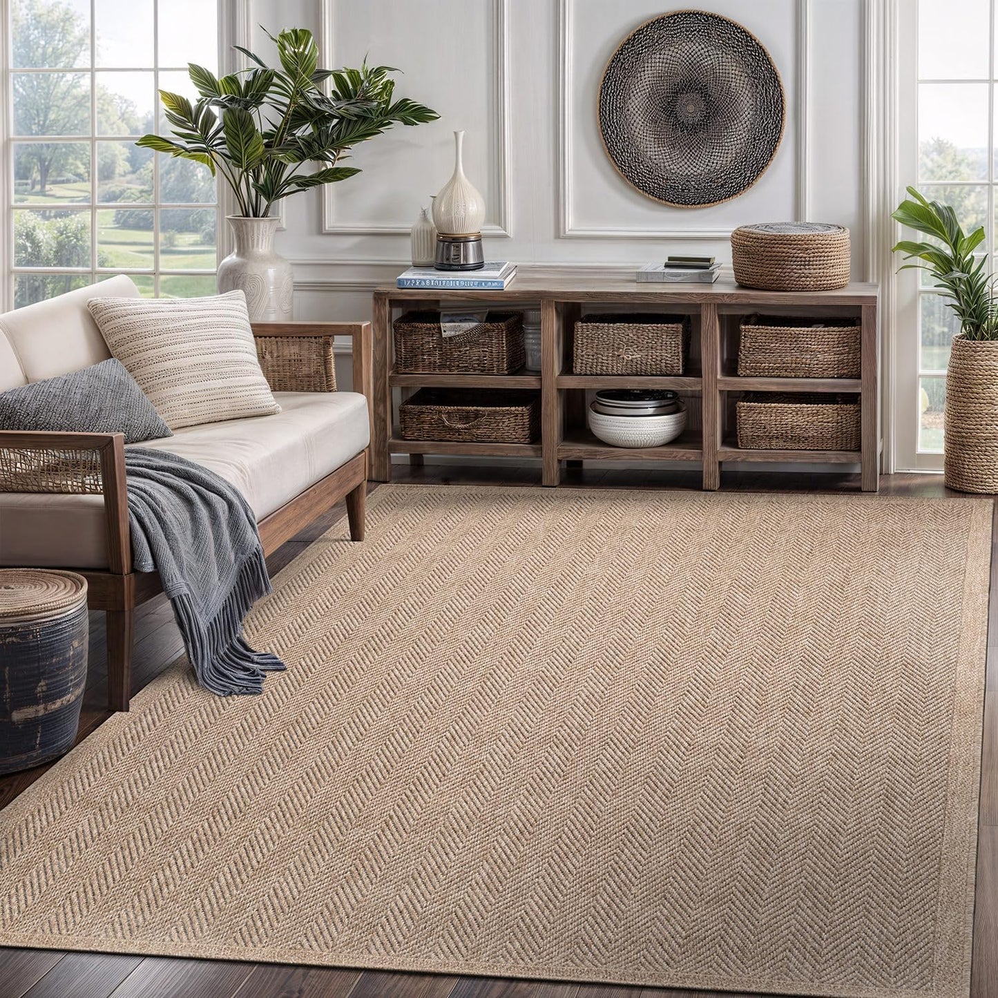 CAMILSON Easy Jute Rug 5x7, Indoor Outdoor Natural Color Fiber Area Rugs for Living Room Patio and Kitchen Rug Herringbone Seagrass Woven Design Easy-Cleaning Washable Outside Carpet Alfombras 5 x 7