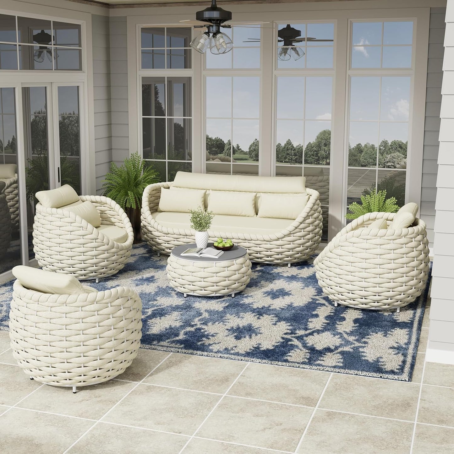 Woven Rope Outdoor Sofa Set: 5 Pieces Aluminum Patio Conversation Set Assembled - All Weather Cushioned Porch Furniture Couch - Modern Metal Lounge Set for Deck Yard Resort Hotel Sunroom, Beige
