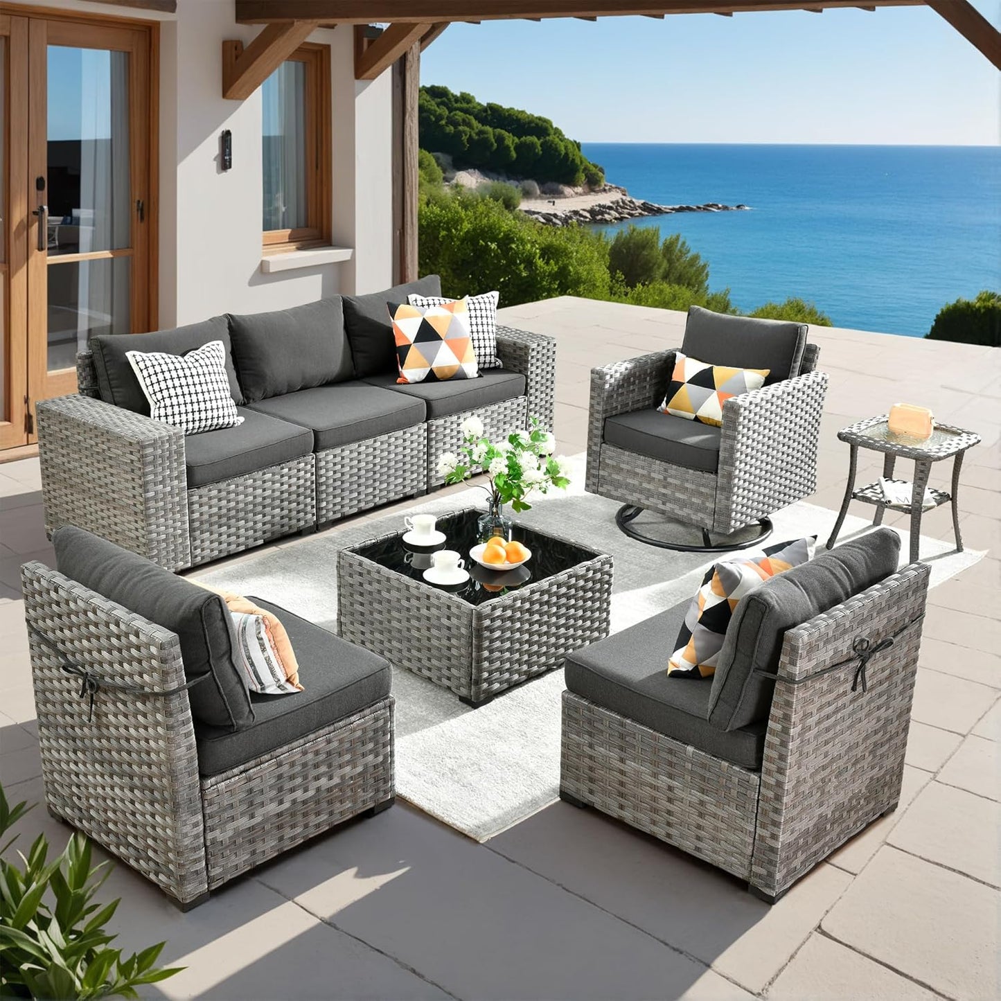ovios 8 Pieces Patio Furniture Set, Outdoor Wicker Sectional Sofa with Swivel Chair Coffee Table, Modern Modular Deep Seat Rattan Couch Conversation Sets, Black