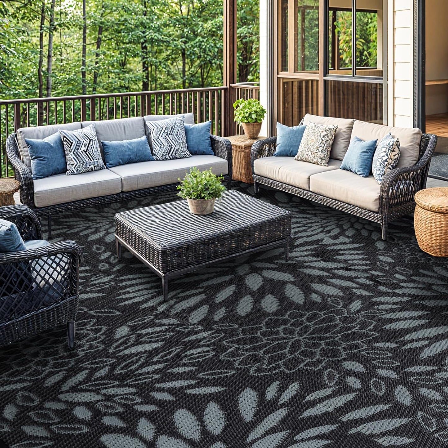 5'x8' Reversible Outdoor Rug - Eco-Friendly Plastic Straw Rug-Heavy-Duty Waterproof Mat, UV & Fade Resistant for Patio, Camping, RV, Deck, Balcony(5x8,Black&Floral)