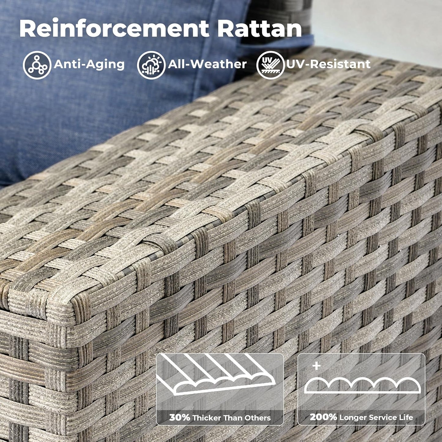 ovios 7 Pieces Patio Furniture Set, Outdoor Wicker Sectional Sofa with 42 Inch Fire Pit Table Comfy Cushions, Modern Modular Deep Seat Rattan Couch Conversation Set, Denim Blue