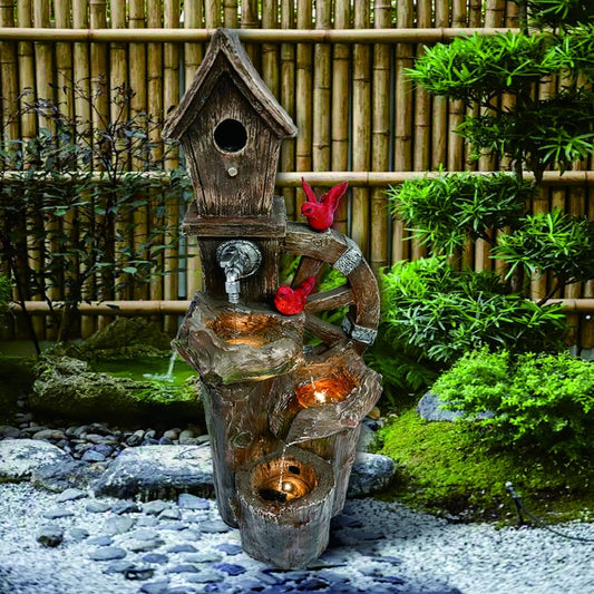Decorative Garden Birdhouse Three Tier Water Fountain Outdoor with LED Lights and Water Wheel