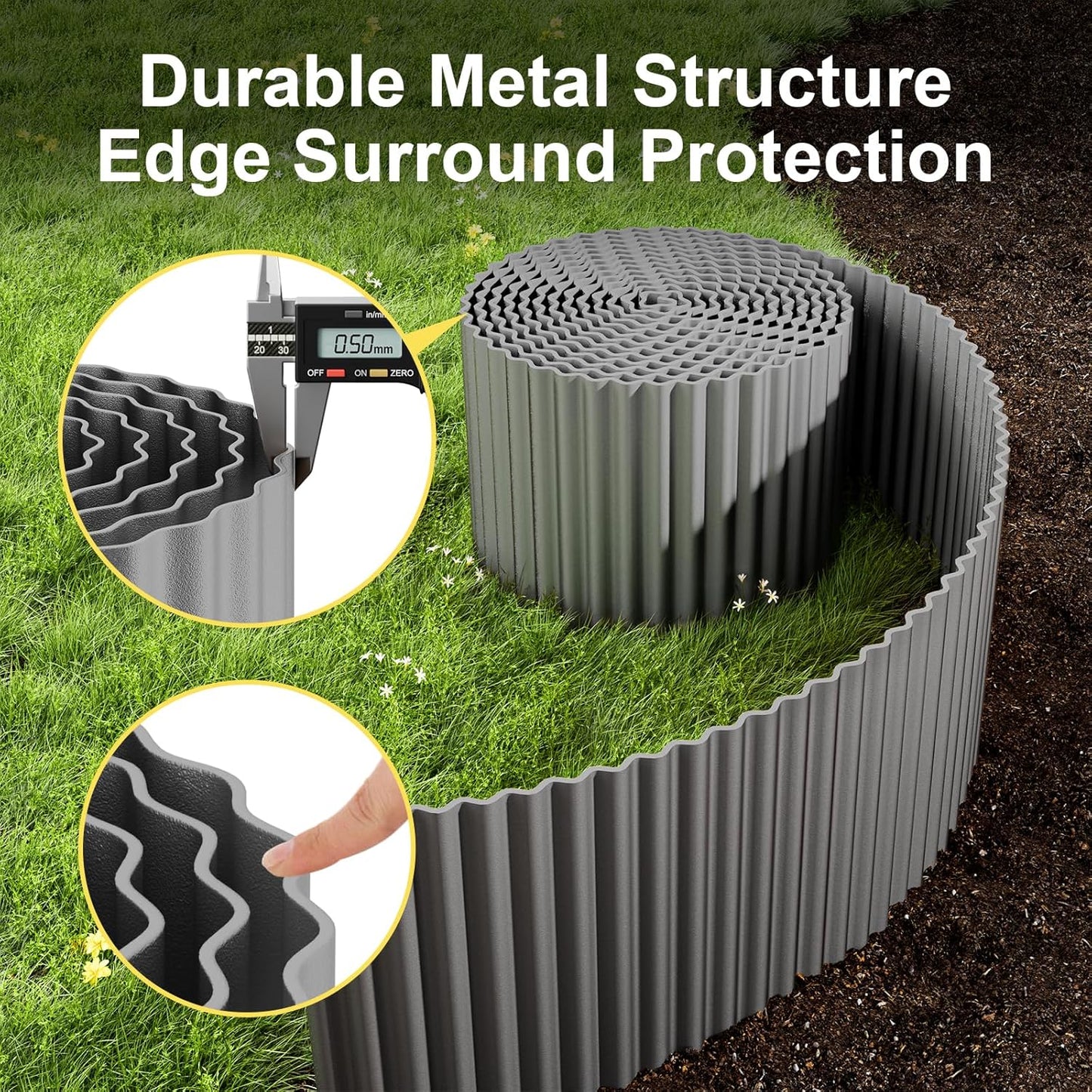 Land Guard Corrugated Garden Edging Border, 12" x 25' Landscape Paver Edging, Tall Landscape Edging, Fence for Garden, Flower Bed, Lawn and Landscape Edging (Grey)