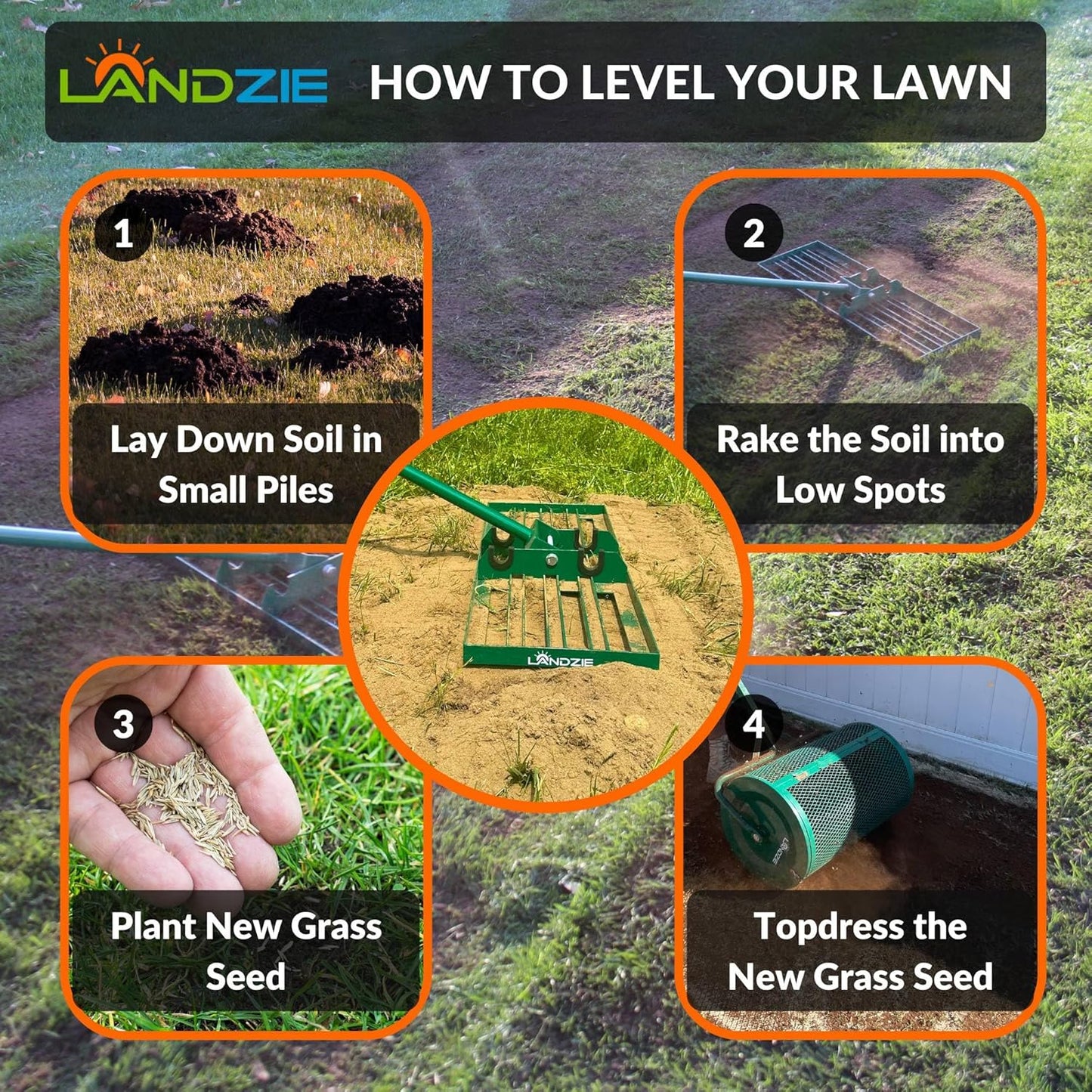 LANDZIE - The Original Lawn Leveling Rake – 24" Steel Handle Yard Leveler, Lawn Level Tool for Creating a Flat Surface - Works for Soil, Dirt, Topdressing, and Ground