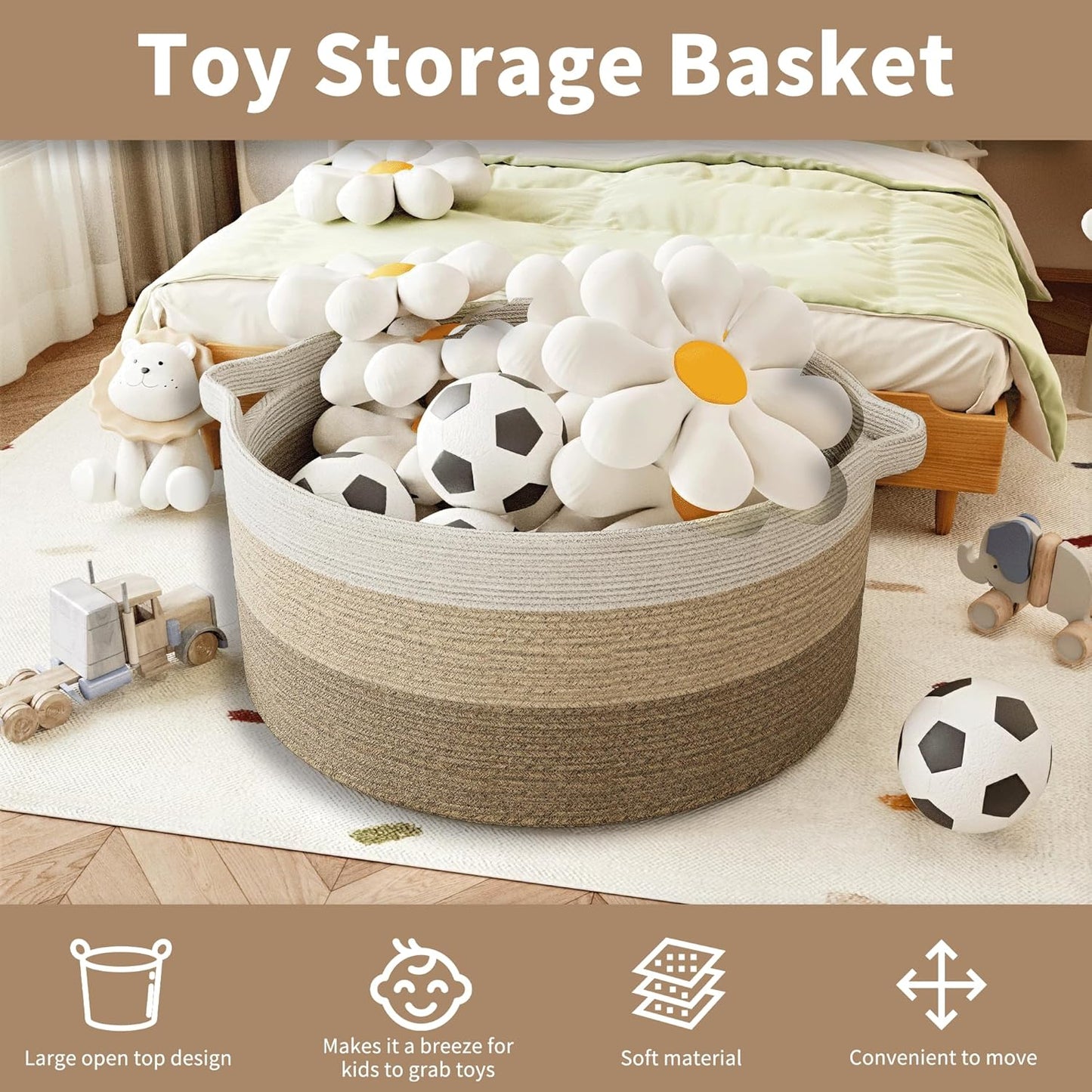 125L Extra Large Blanket Basket, 25" x 16", Jumbo Laundry Woven Basket Decorative Home, Cotton Rope Basket with Handles, Baby Toy Basket for Storage, Gradual Brown