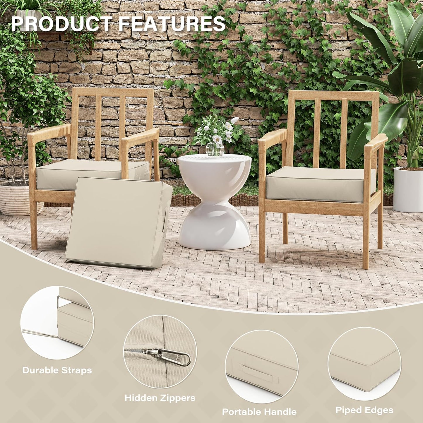 Patio Chair Cushions 18.5 X 16 X 4 Inch Waterproof Outdoor Seat Cushions for Patio Furniture, Outdoor Sofa Couch Pads with Ties & Handle, Set of 2, Cream