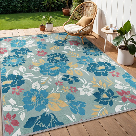 GENIMO Indoor Outdoor Area Rug 8' X 10' Waterproof, Washable Patio Rug Non Shedding, Easy Cleaning Floral Outdoor Carpet for Living Room, Bedroom, Dining Room, Balcony, Backyard, Deck, RV, Blue Grey