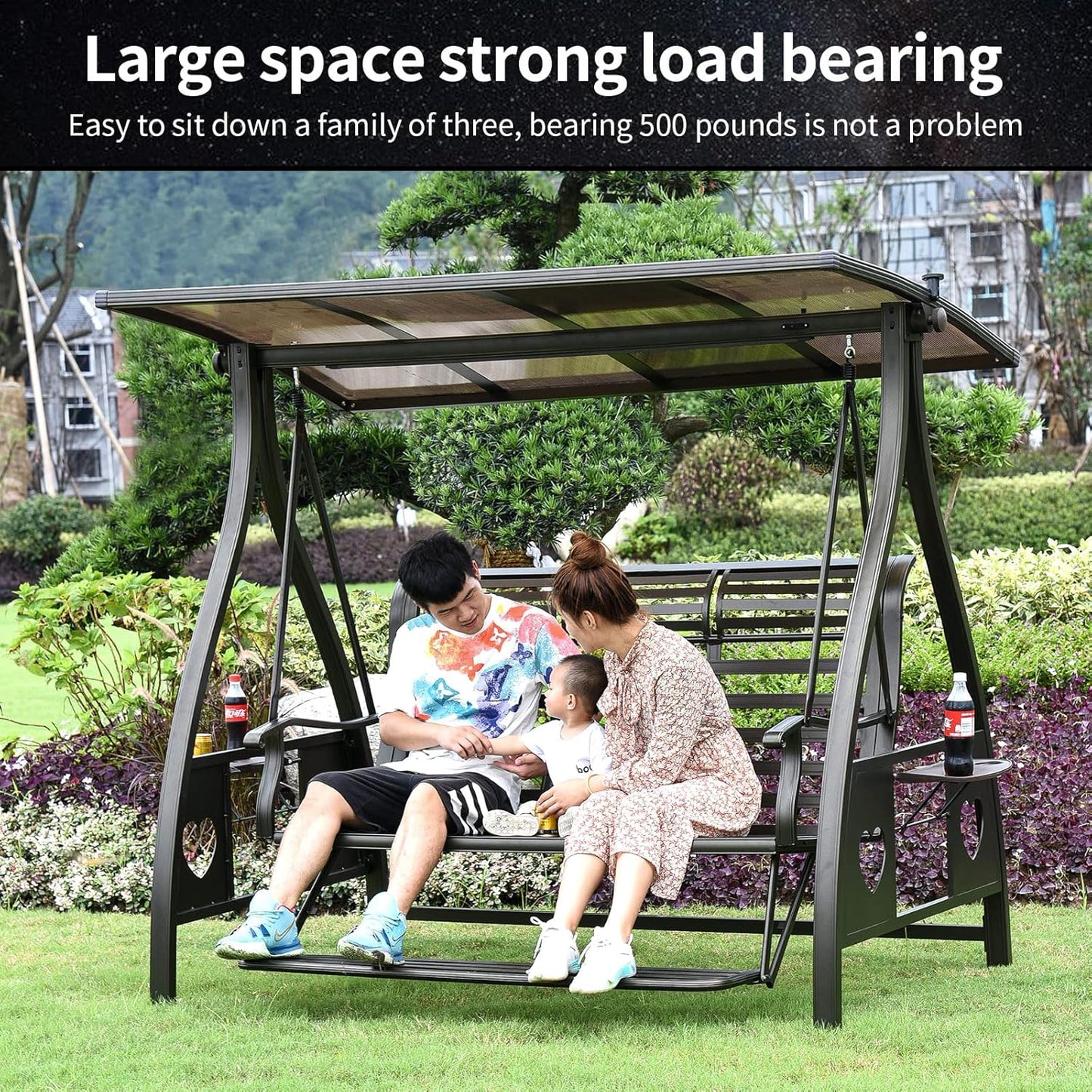 3-Seat Solar Outdoor Patio Swing Chair with Footrest Outdoor Porch Swing with Aluminum Frame Adjustable Tilt Canopy for Poolside Balcony Backyard (Floral Pillow + Brown Cushion)