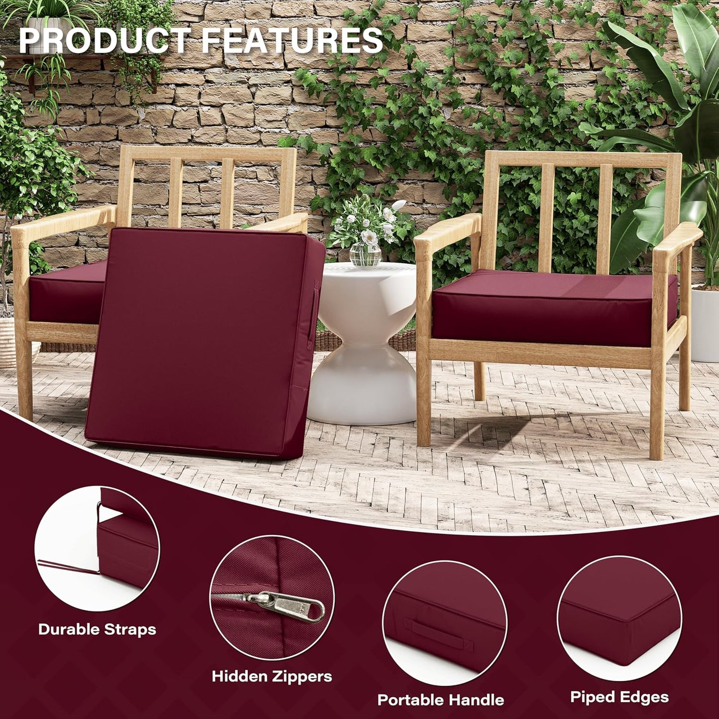 Patio Chair Cushions 24 X 24 X 5 Inch Waterproof Outdoor Seat Cushions for Patio Furniture, Outdoor Sofa Couch Pads with Ties & Handle, Set of 2, Burgundy