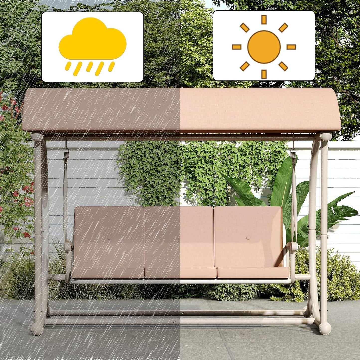 Patio Swing with Canopy, Outdoor Swinging with Stand, Backyard Swings for Adults, 2 in 1 Porch Swing Bed, Outdoor Patio Swings,Yard Heavy Duty Covered Patio Swing, Khaki