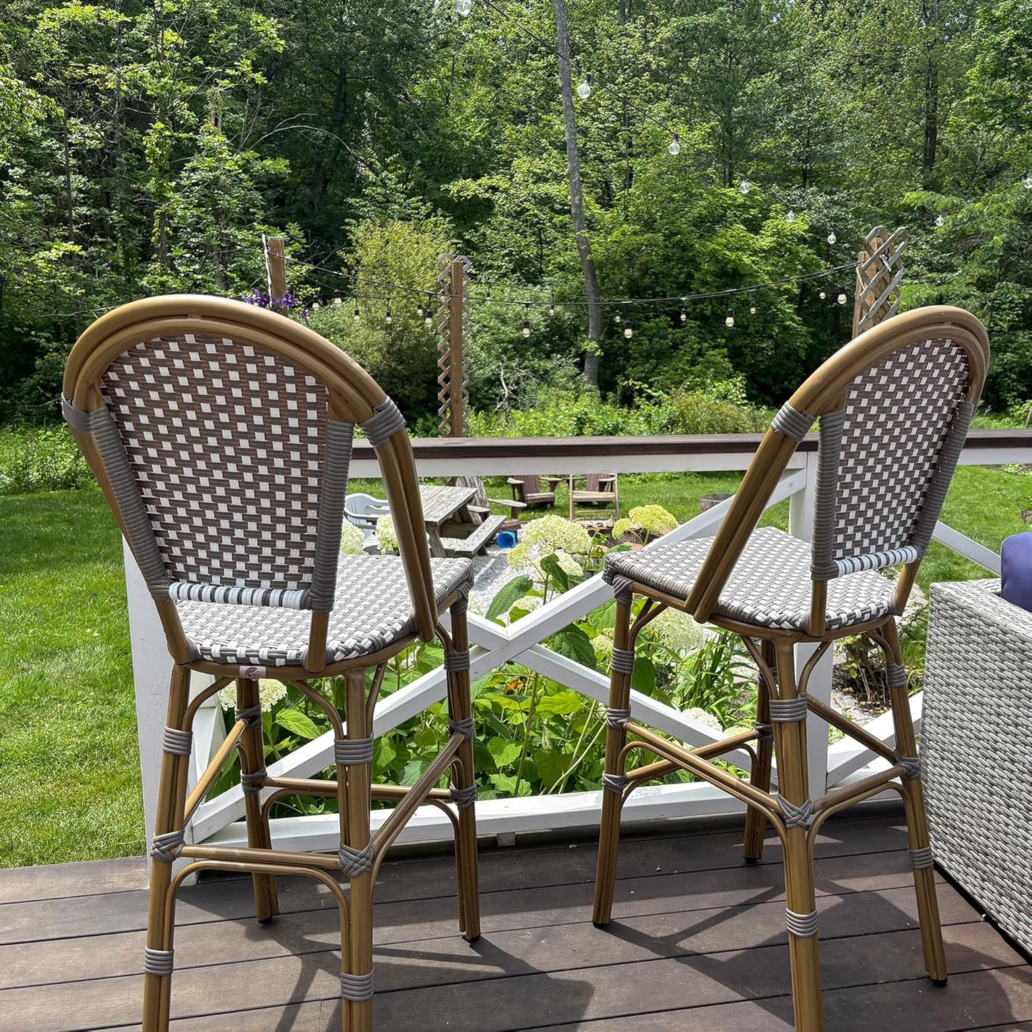 PURPLE LEAF French Counter Height Bar Stool Set of 2 25" Bamboo Print Finish Patio Bar Chairs with Back Rattan Bar Chairs French Bistro Set for Kitchen Outdoor Counter Stool Grey