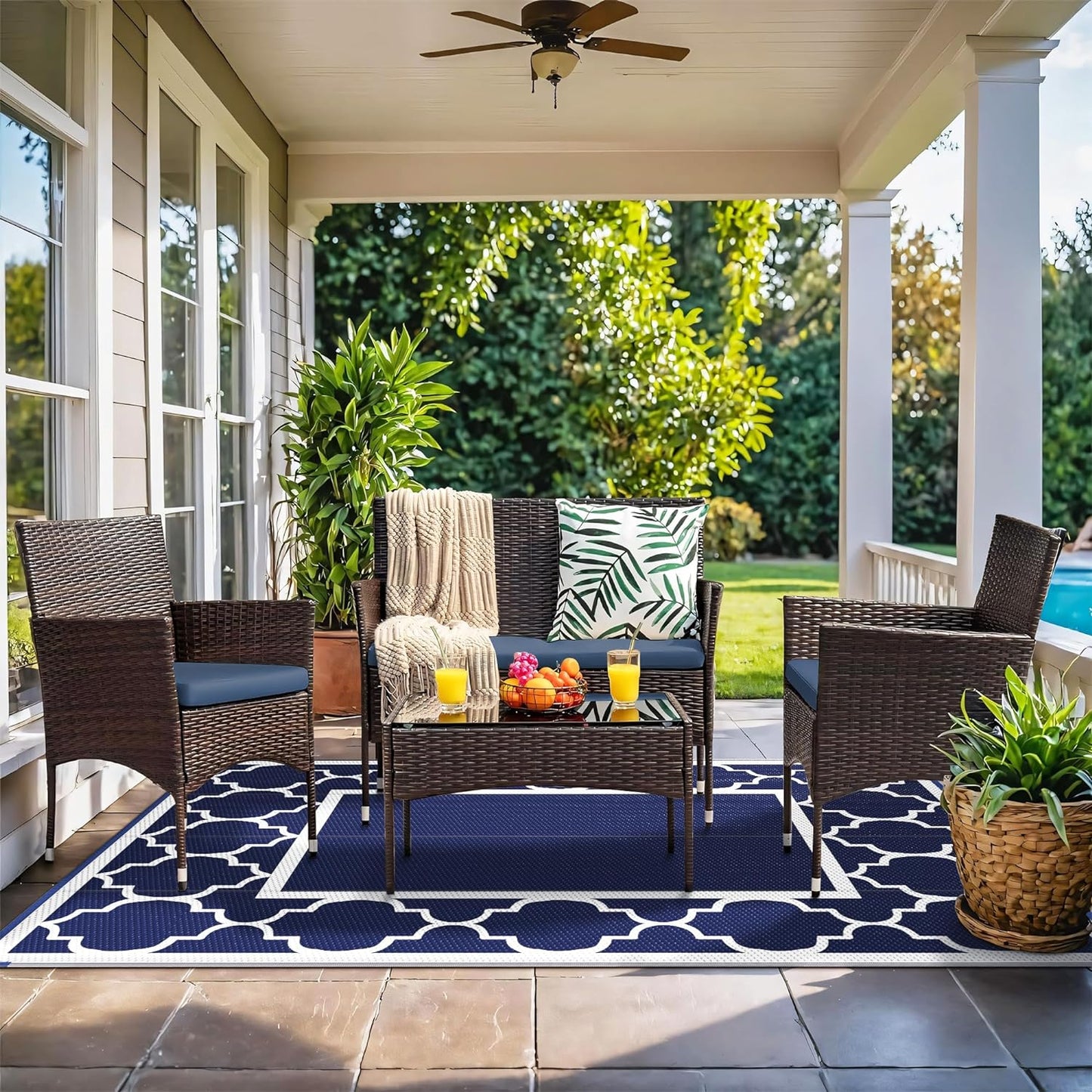 GENIMO Outdoor Rug 8' x 10' Patio Waterproof, Foldable Reversible Plastic Straw Area Rugs Mat for Camper Decor, Outside Carpet for Rv, Deck, Porch, Picnic, Beach, Balcony, Blue & White