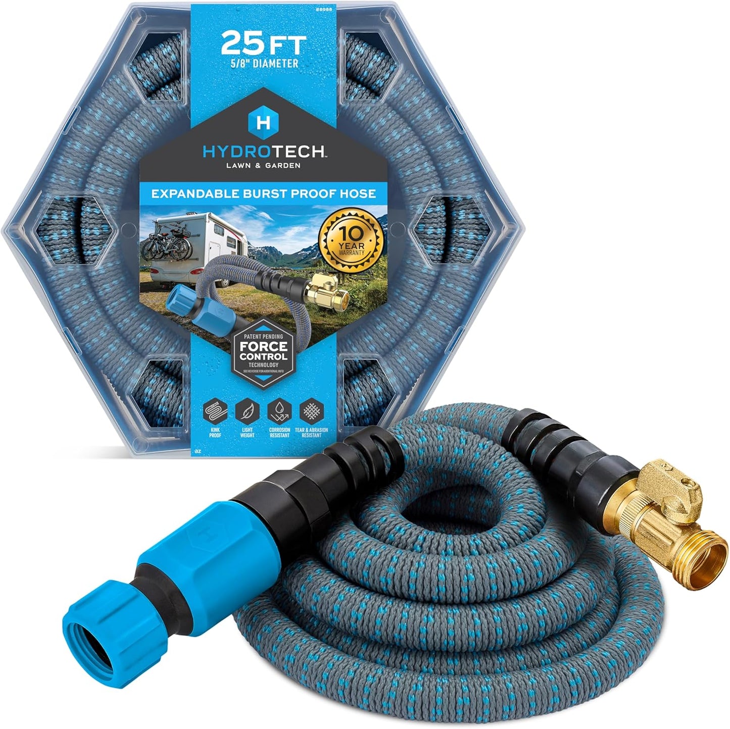 HydroTech 5/8" 25 ft Expandable Garden Hose - Flexible, Lightweight, Durable and Burst-Proof Hose with Reinforced Latex Core and Solid Brass Fittings - Great for Lawn Care, Garden, and Car Washing