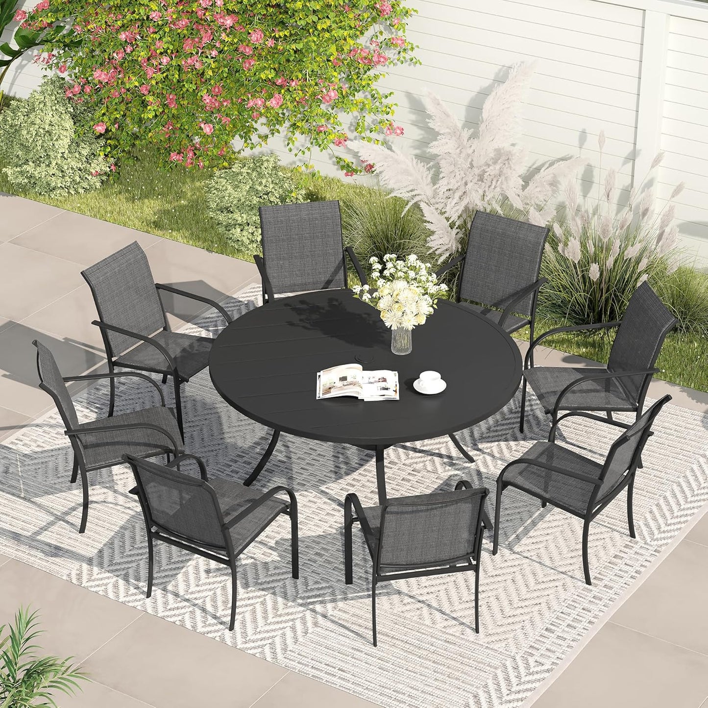 VICLLAX Patio Dining Set for 8, Outdoor Furniture Set Includes 53" Round Patio Table and 8 Patio Sling Chairs, Black Tabletop and Grey Fabric