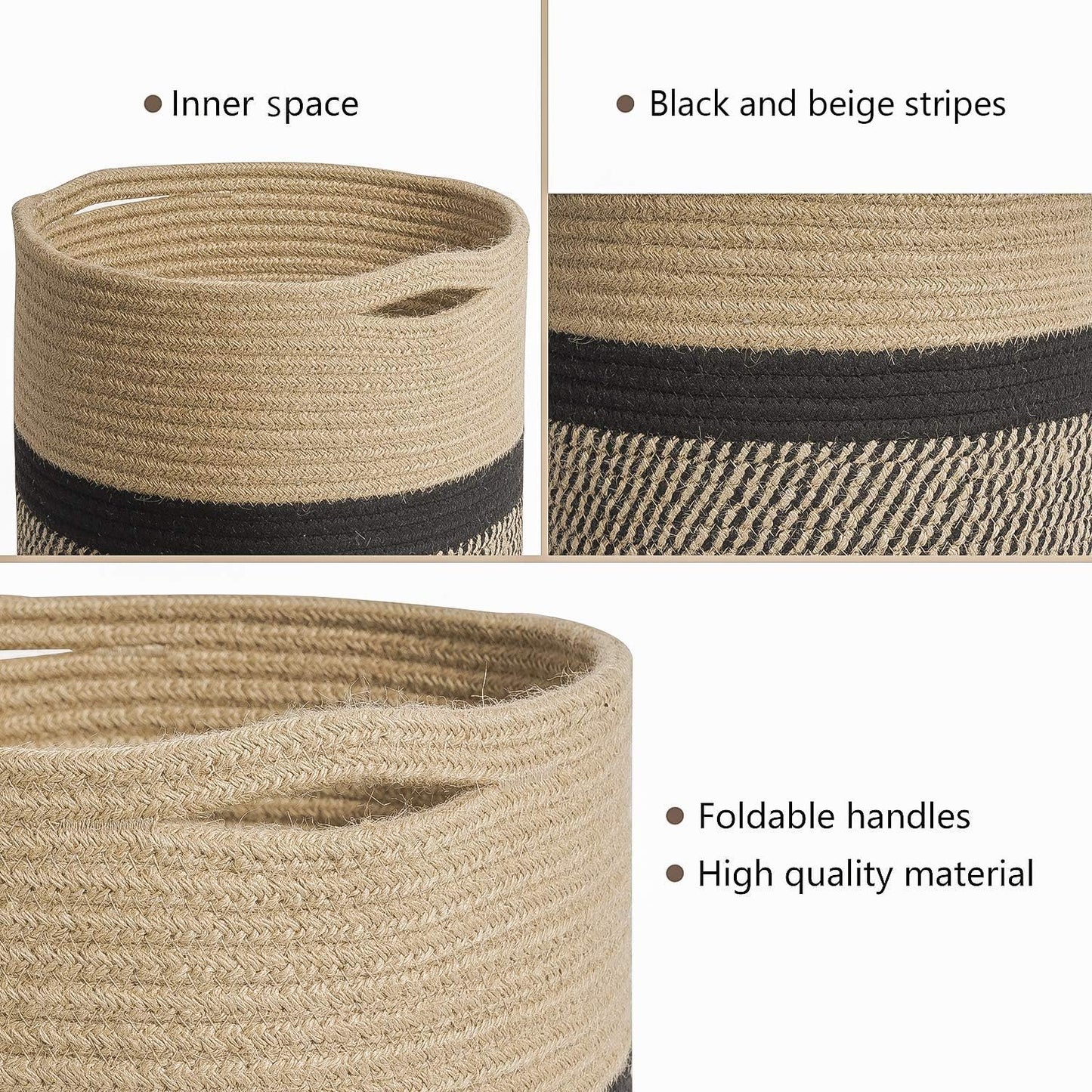 TIMEYARD Sturdy Jute Rope Plant Basket Modern Woven Baskets for 10" Flower Pot Floor Indoor Planters, 11” x 11” Storage Organizer Basket Rustic Home Decor, Black and Beige Stripes