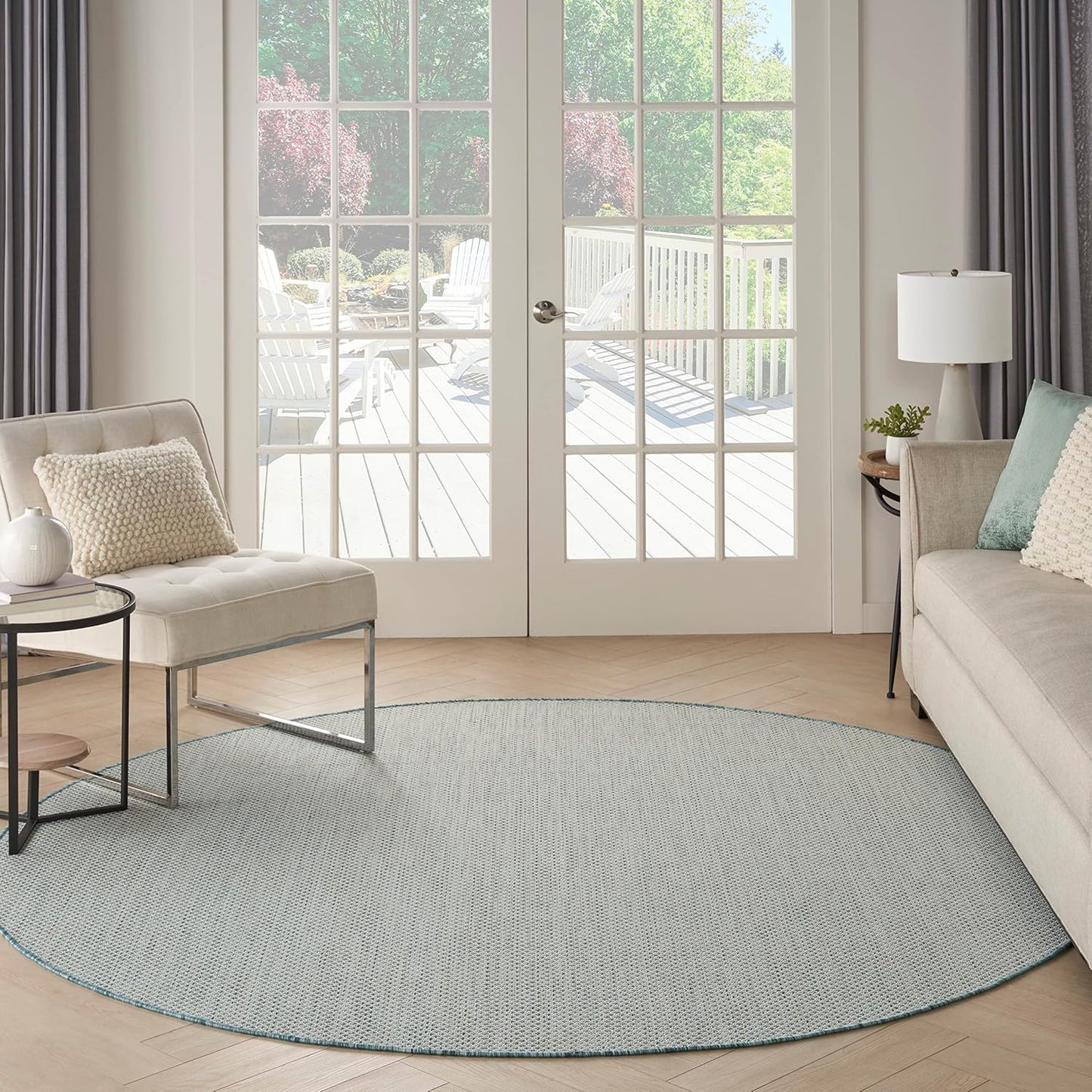 Nourison Home Courtyard 8' x Round Ivory Aqua Fabric Modern Area Rug (8' Round)