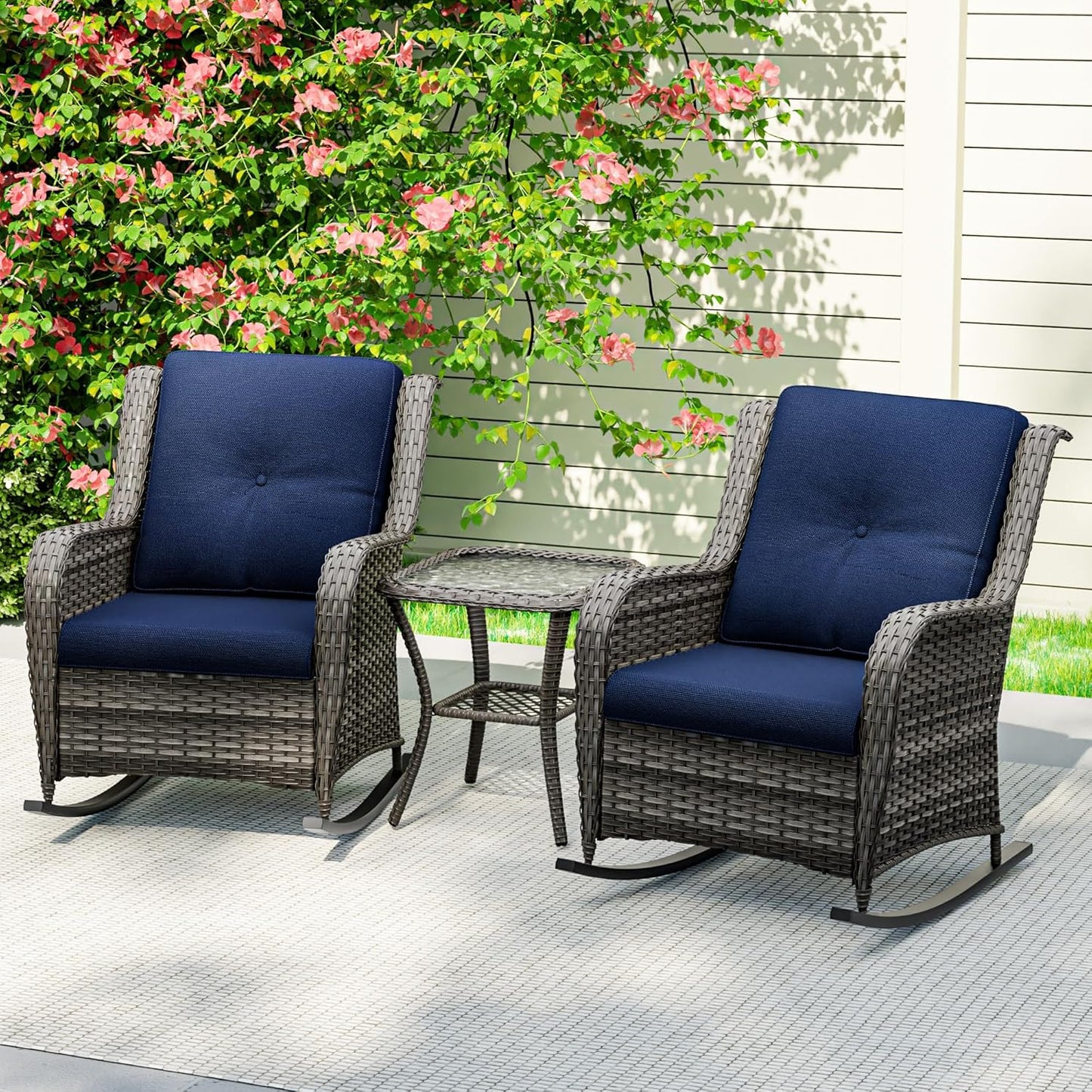 3 Piece Outdoor Rocking Chair Bistro Set, Wicker Patio Furniture Set Includes 2 Chiars and 1 Side Table, for Yard, Porch, Mixed Brown Grey Rattan, Blue