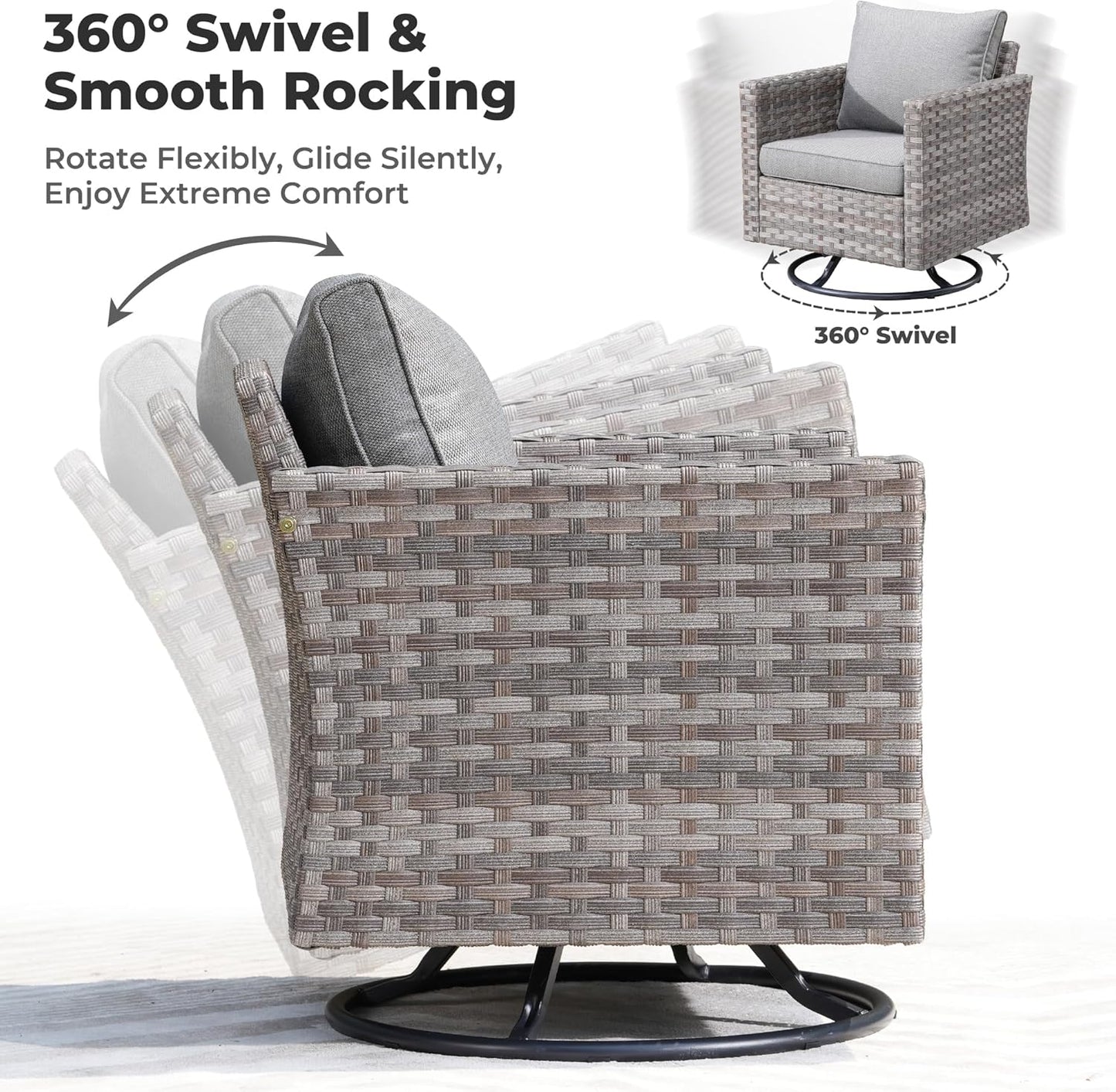 ovios 9 Pieces Patio Furniture Set, Outdoor Wicker Sectional Sofa with 42" Firepit Table Swivel Chair, Modern Modular Deep Seat Rattan Couch Conversation Sets, Dark Grey