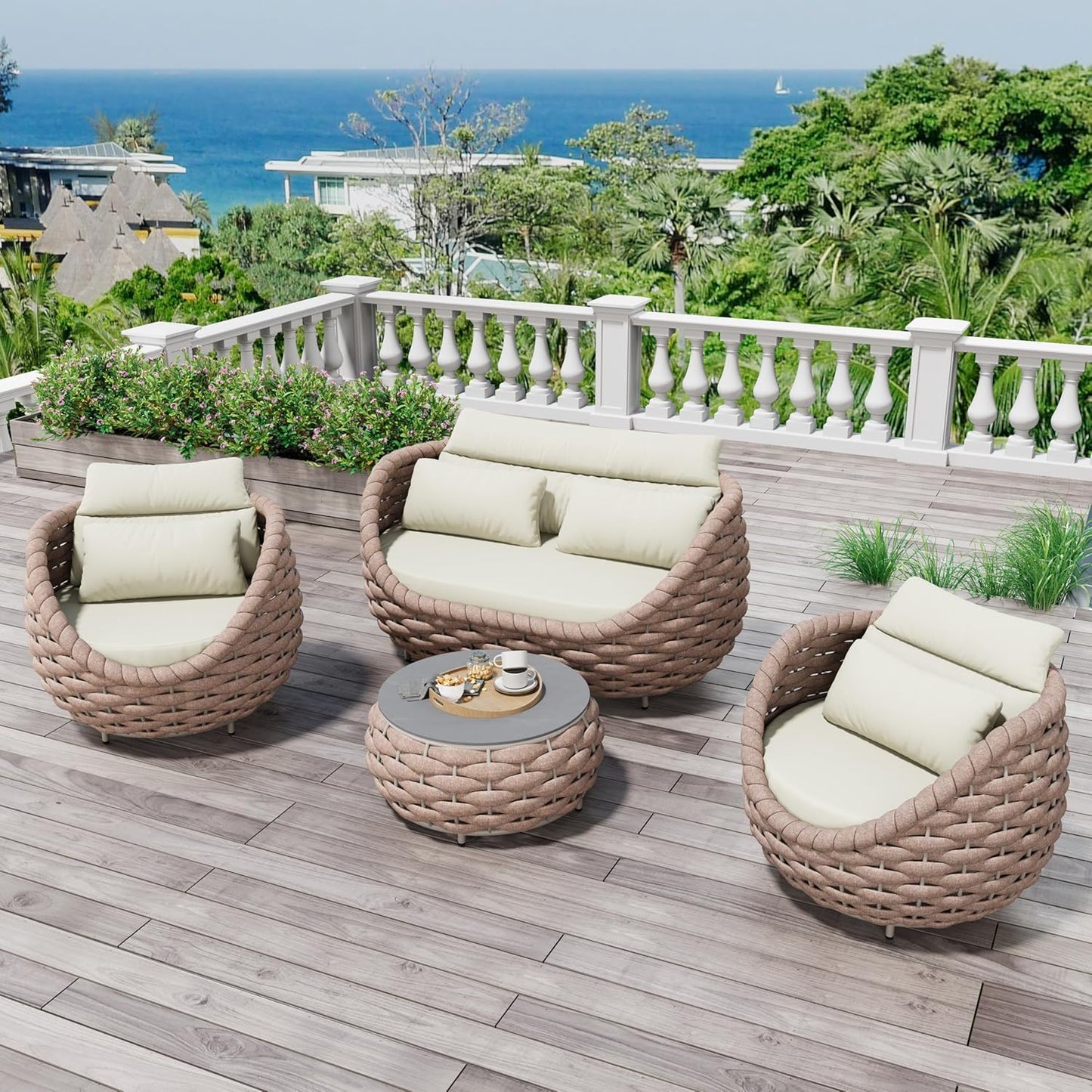 4 Piece Aluminum Patio Furniture: Hand Woven Rope Sofa - Modern Outdoor Sofa Seating with Cushion - All Weather Patio Set for Deck, Yard, Garden, Poolside, Hotel - Terracotta