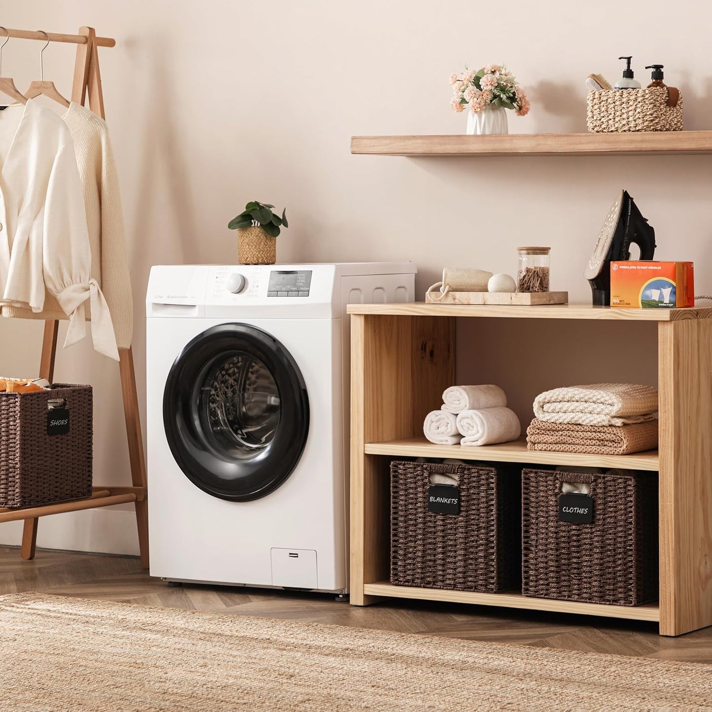 UBBCARE 4 Pack Wicker Basket, 12×12 Storage Cubes with Label, Foldable Cube Storage Bin with Handle, Square Storage Basket for Shelves, Woven Paper Rope Basket for Organizing, Brown