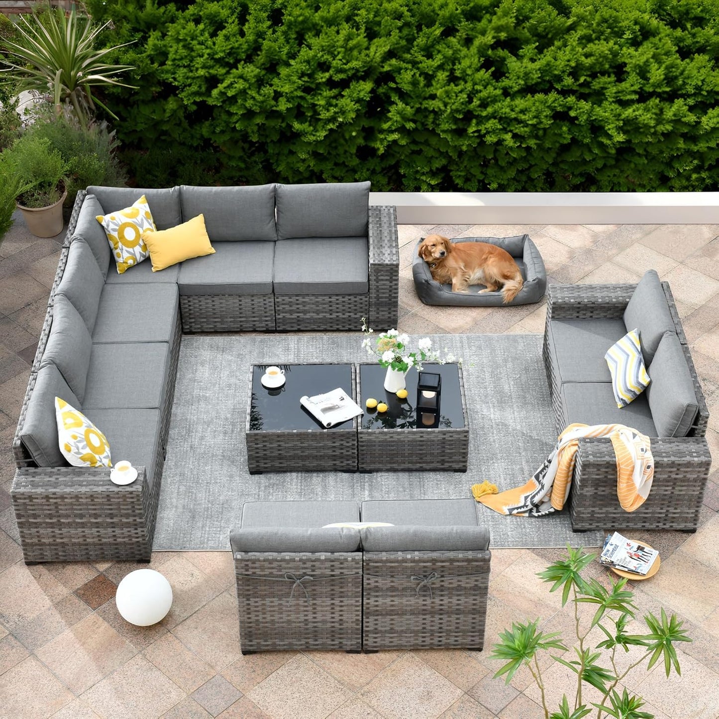 ovios 12 Pieces Patio Furniture Set, Outdoor Wicker Sectional Sofa with Glass Table Comfy Cushions, Modern Modular Deep Seat Couch Rattan Conversation Set, Dark Grey