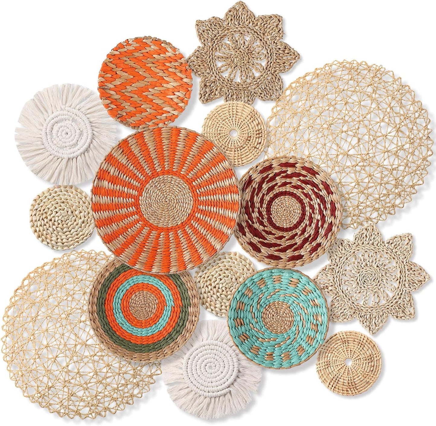 15 Pcs Boho Wall Basket Decor Woven Rattan Seagrass Wall Decor Hanging Rustic Farmhouse Western Art Decoration for Nursery Living Room Bedroom Home Kitchen(Orange Style)