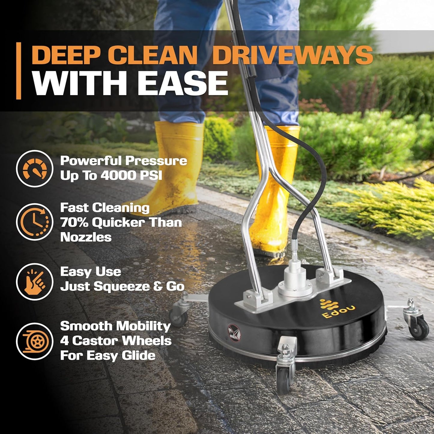 EDOU 20-Inch Dual Handle Pressure Washer Surface Cleaner, Wheels - Heavy Duty Composite Surface Pressure Washer - 4000 PSI Max - Includes 3/8-Inch Quick Connector Kit, Teflon Tape, Adapter Set