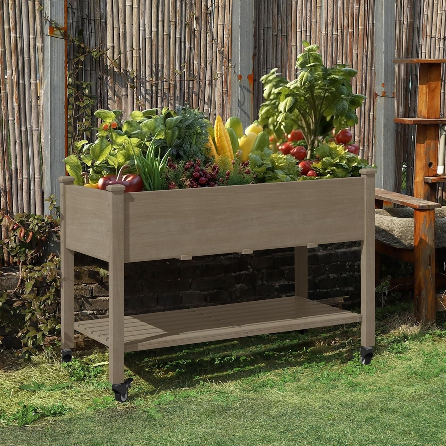 MUPATER 4x2FT Raised Garden Bed, Planter Box with Four Wheels and Legs for Herbs, Flowers and Vegetables, Elevated Garden Bed with Drainage Holes for Greenhouse, Garden, Farm, Brown