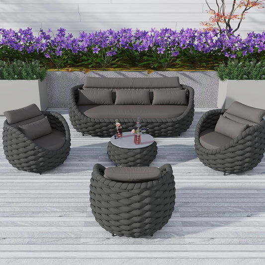 Outdoor Patio Furniture Set-5 Pieces Aluminum Sectional Sofa, Metal Patio Conversation Set with Threeseat & Armchair, Textile Rope and Coffee Table, Dark Grey
