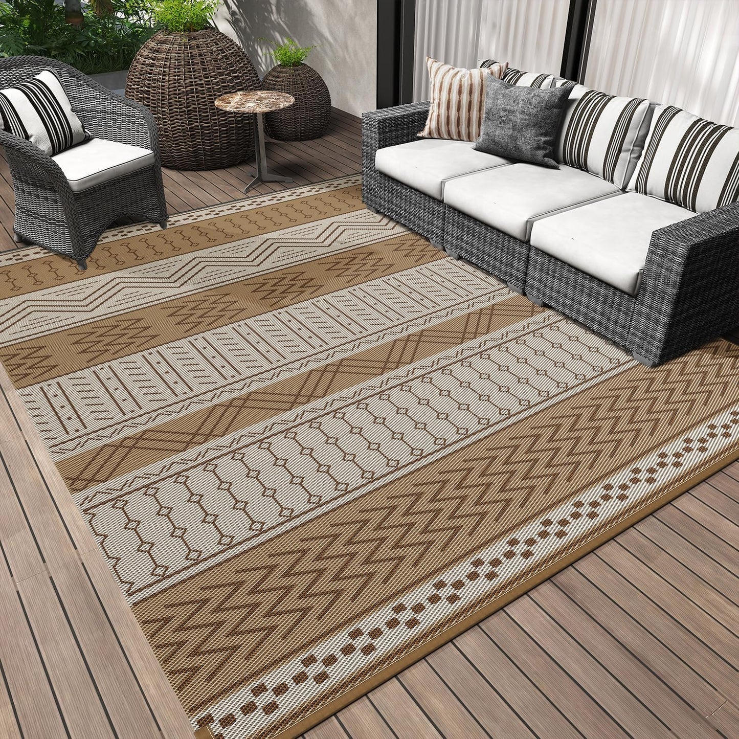 Outdoor Rug Carpet Waterproof 8x10 ft Patio Rug Mat Indoor Outdoor Area Rug for RV Camping Picnic Reversible Lightweight Plastic Straw Outside Rug for Patio Decor Decoration Boho Rug Brown Beige