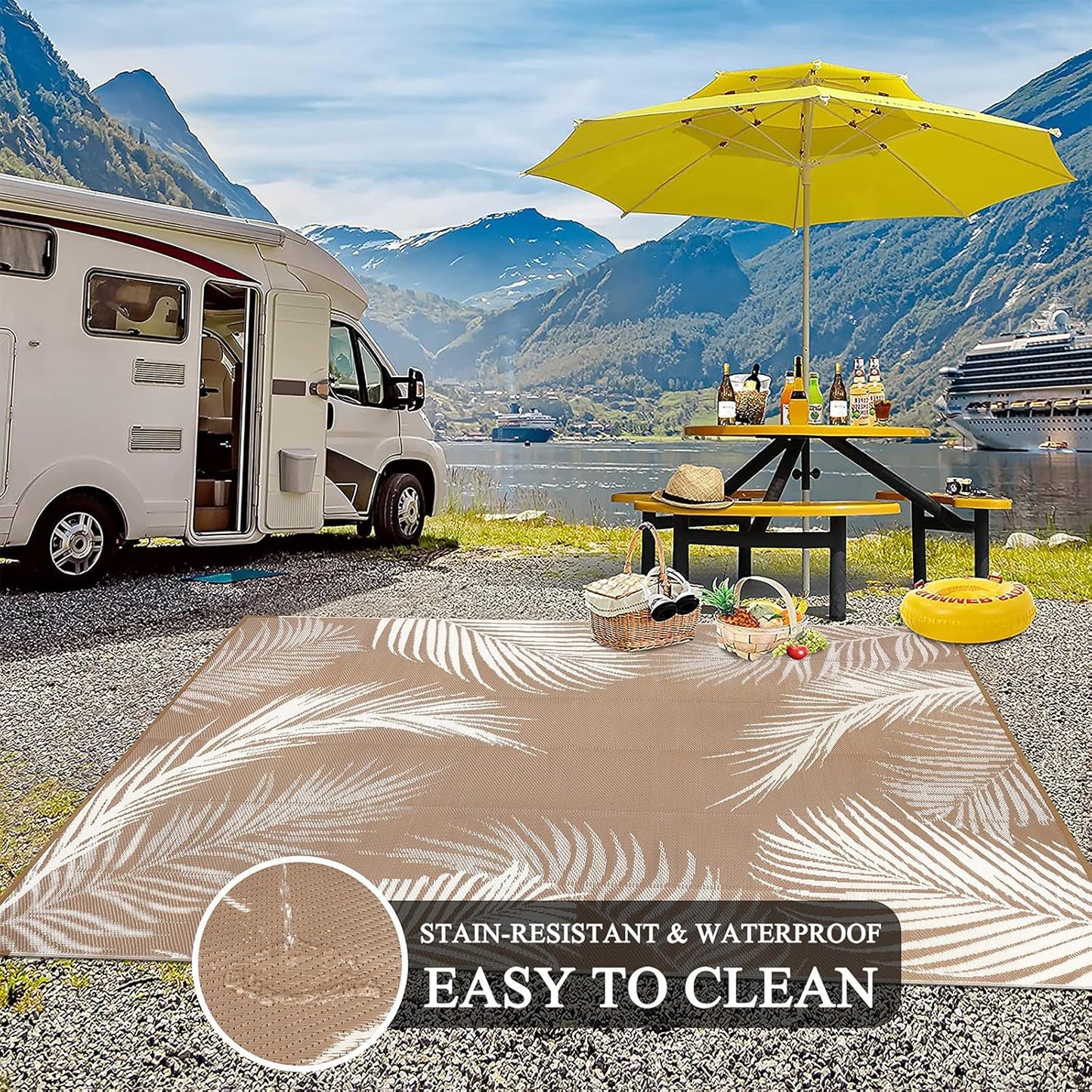 Pauwer Waterproof Outdoor Rug 8x10, Reversible Plastic Straw Patio Camping Rug, Indoor Outdoor RV Mat Carpet for Deck, Camper, Porch, Balcony, Backyard, Picnic, Leaf Brown