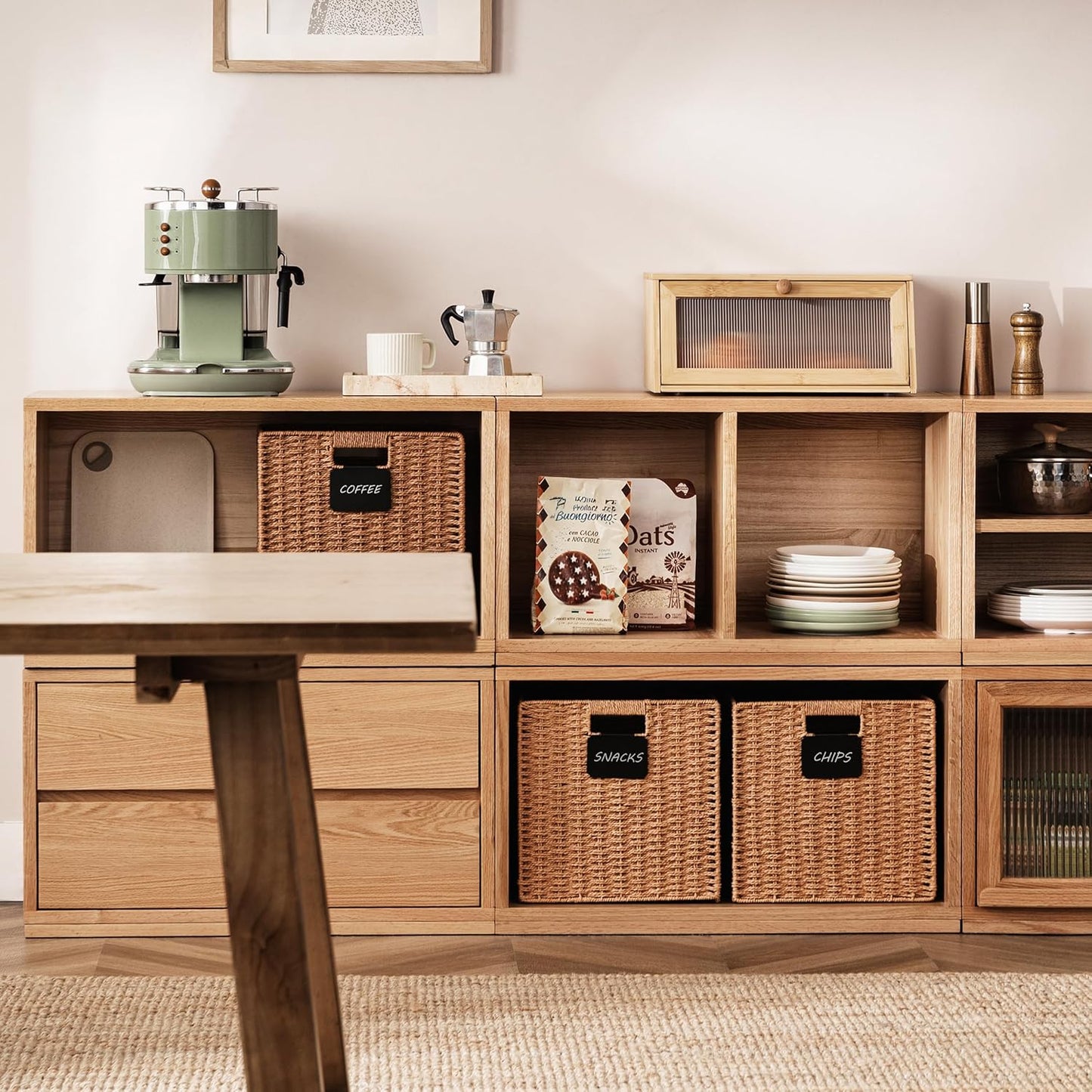 UBBCARE 4 Pack Wicker Basket, 13×13 Storage Cubes with Label, Foldable Cube Storage Bin with Handle, Square Storage Basket for Shelves, Woven Paper Rope Basket for Organizing, Caramel