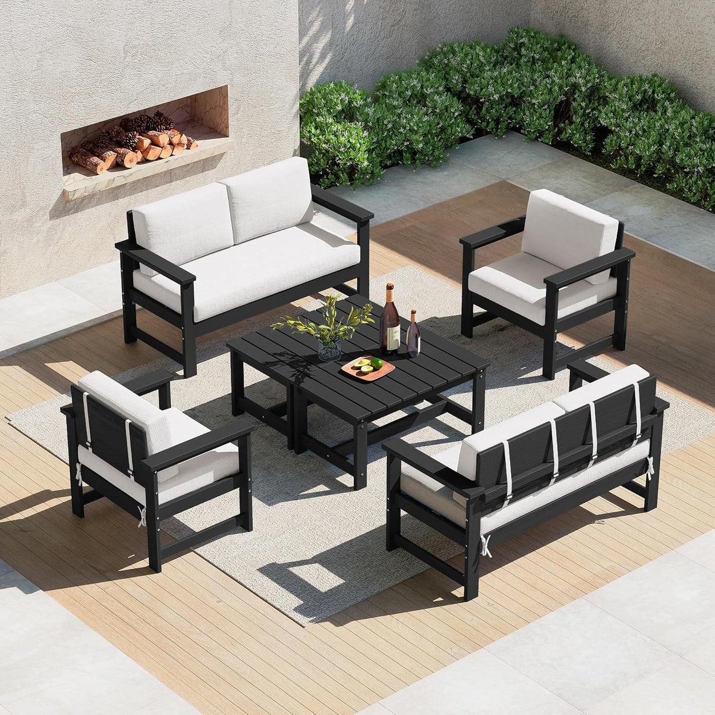 SERWALL 6 Pieces HDPE Outdoor Sofa Set with Cushions, Outdoor Conversation Couch Loveseat Furniture Set with Coffee Table for Balcony, Deck, Poolside, Black Frame with Khaki Cushions