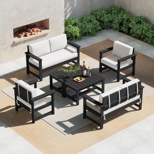 SERWALL 6 Pieces HDPE Outdoor Sofa Set with Cushions, Outdoor Conversation Couch Loveseat Furniture Set with Coffee Table for Balcony, Deck, Poolside, Black Frame with Khaki Cushions