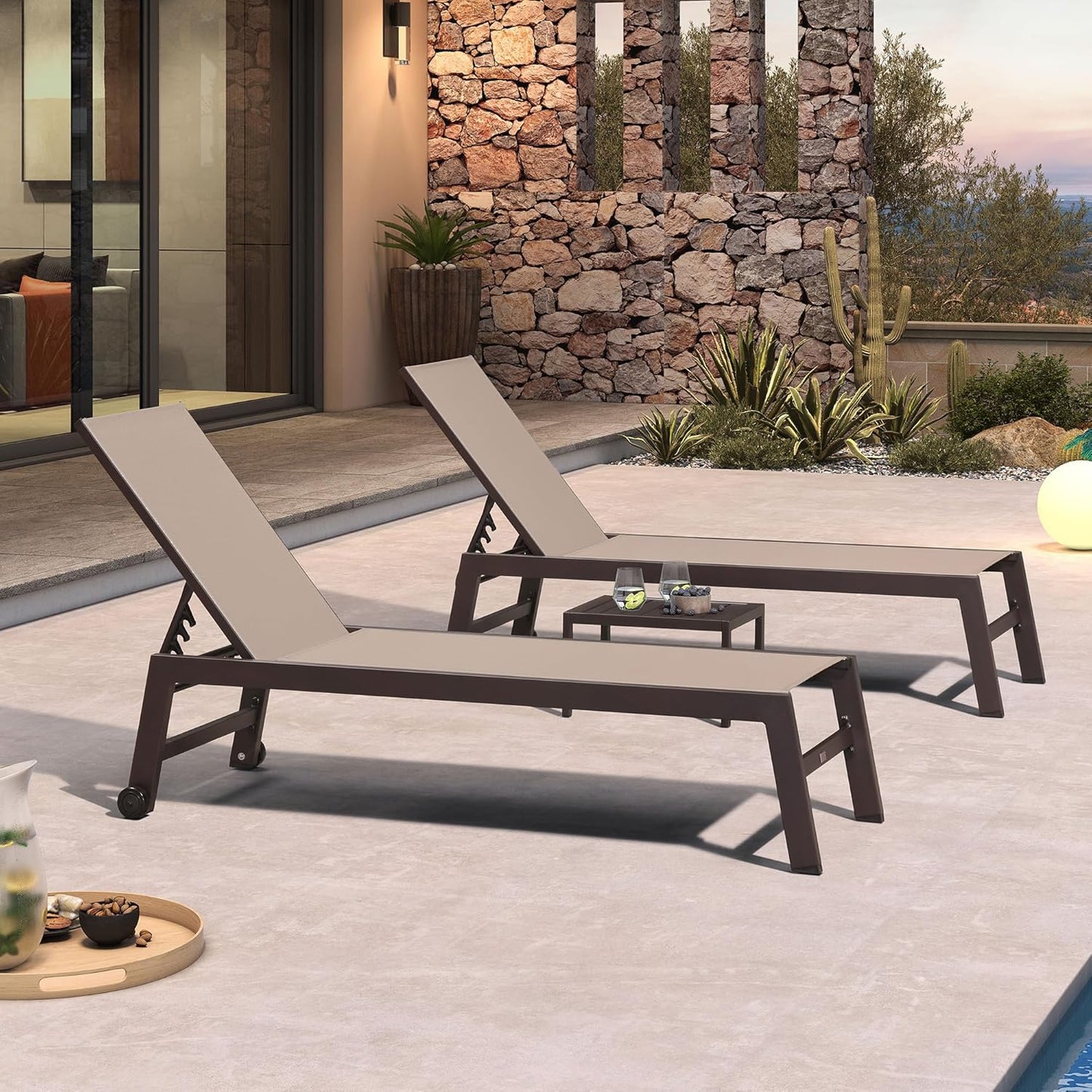 PURPLE LEAF Outdoor Chaise Lounge Chair Set of 3, Patio Lounge Chair for Outdoor, Aluminum Patio Chaise Lounger with Adjustable Backrest and Wheels for Outside, Lawn, Garden, Taupe