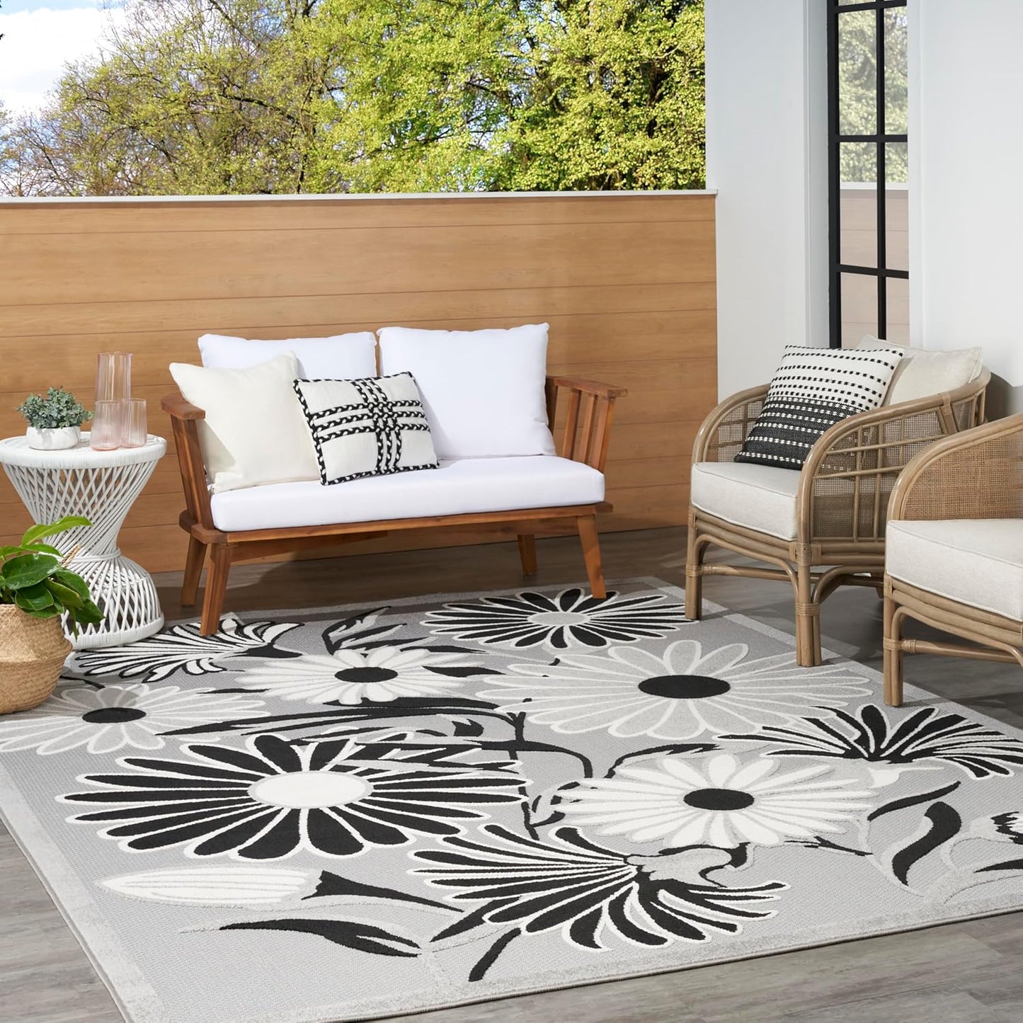 Nourison Home Aloha Indoor/Outdoor Black White 9' x 12' Area Rug, Easy Cleaning, Non Shedding, Bed Room, Living Room, Dining Room, Kitchen (9x12)