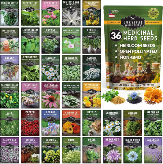 Ultimate Medicinal Herb Seeds Variety Pack – 36 Heirloom Varieties, 28,000+ Lavender, Calendula, Echinacea, Peppermint, Yarrow – Non-GMO Garden Kit by Survival Garden Seeds
