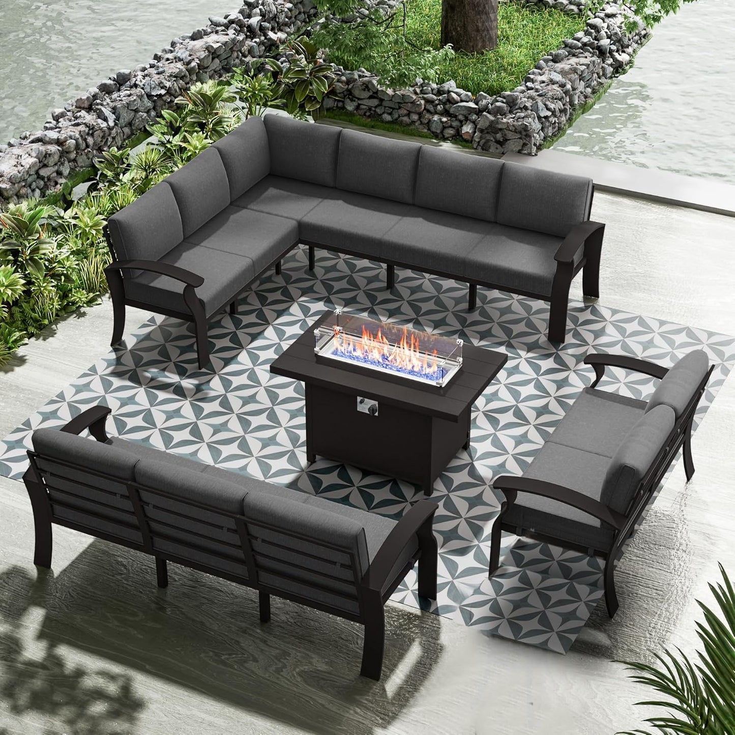 Aluminum Patio Furniture Set with Fire Pit Table, 11 Seats Outdoor Patio Conversation Set Modern Metal Patio Sectional Sofa with 5.1" Upgrade Cushions for Patio, Backyard(Grey).