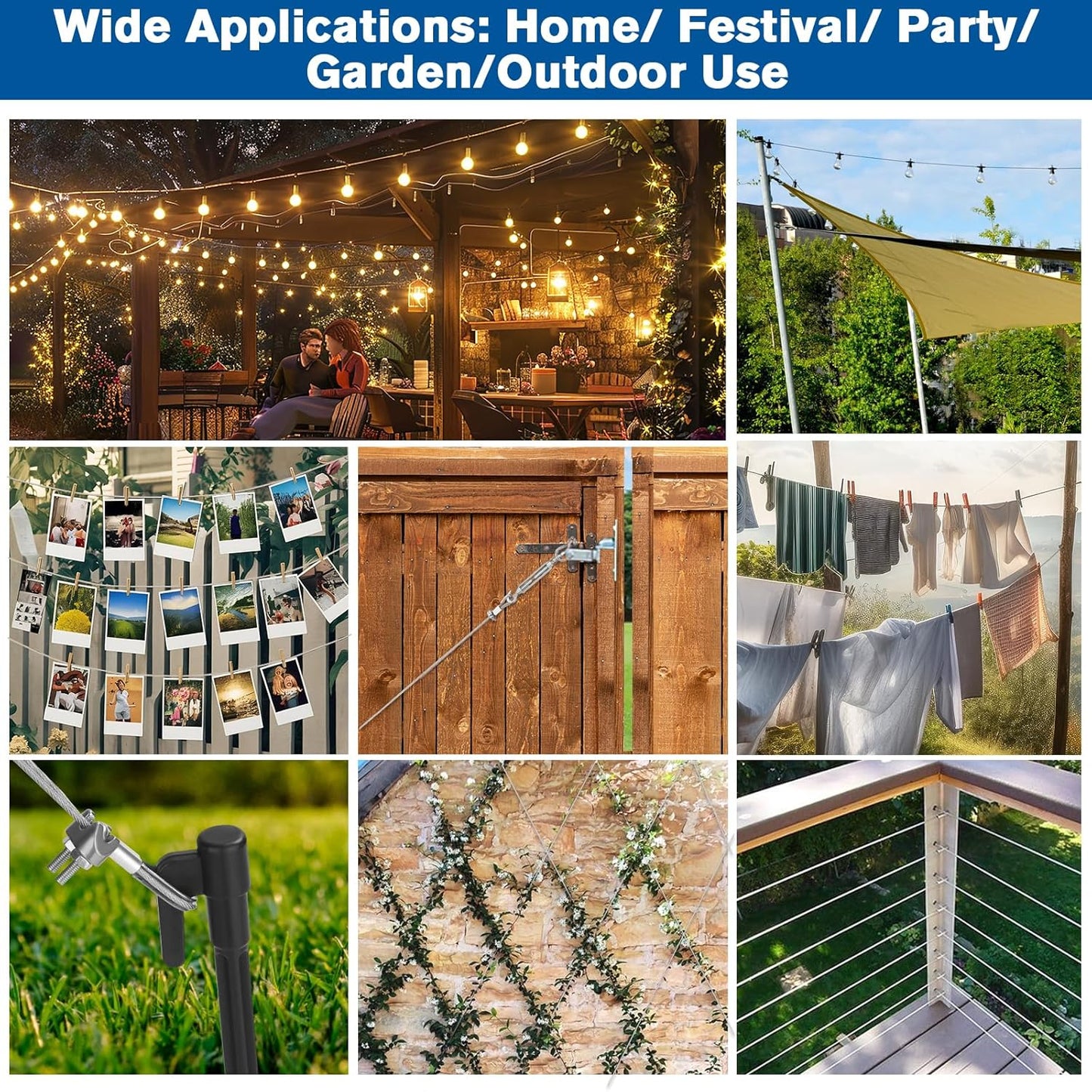 220FT 1/16" Wire Rope Kit - String Light Hanging Kit Vinyl Coated 304 Stainless Steel Cable with Turnbuckles for String Light Hanging, Gate Anti Sag, Stair Railing, Curtain, Picture Hanging, Garden