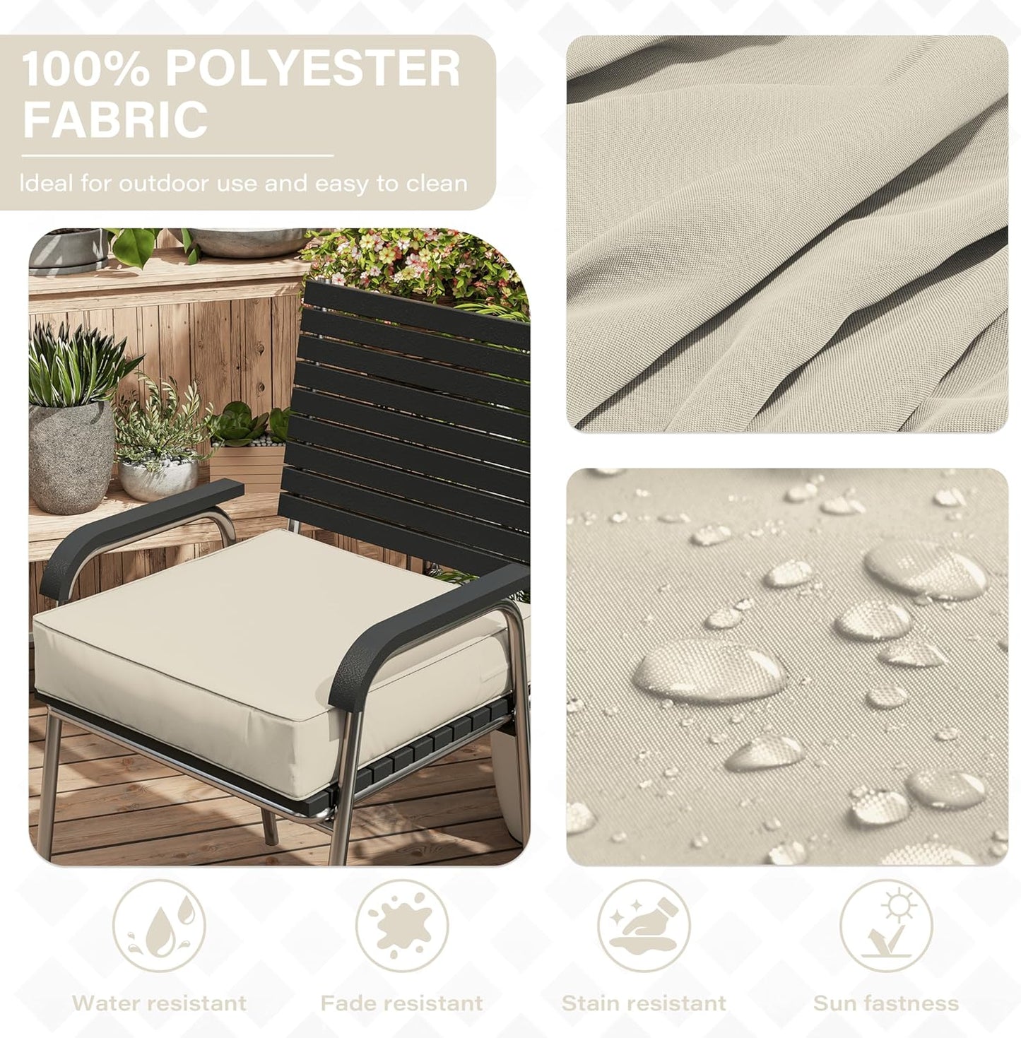 Patio Chair Cushions 24 X 24 X 5 Inch Waterproof Outdoor Seat Cushions for Patio Furniture, Outdoor Sofa Couch Pads with Ties & Handle, Set of 2, Cream