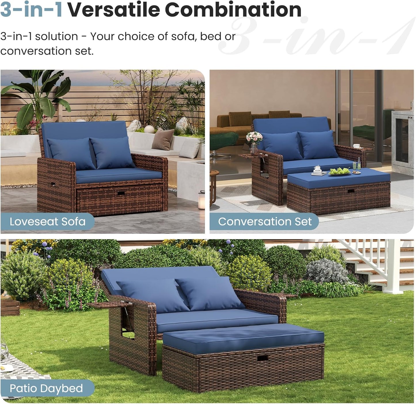Amopatio Wicker Outdoor Daybed - Outdoor Loveseat with Storage Ottoman,4-Level Adjustable Backrest & Cushions, Patio Loveseat for Yard, Balcony, Porch, Garden, Poolside（Navy）