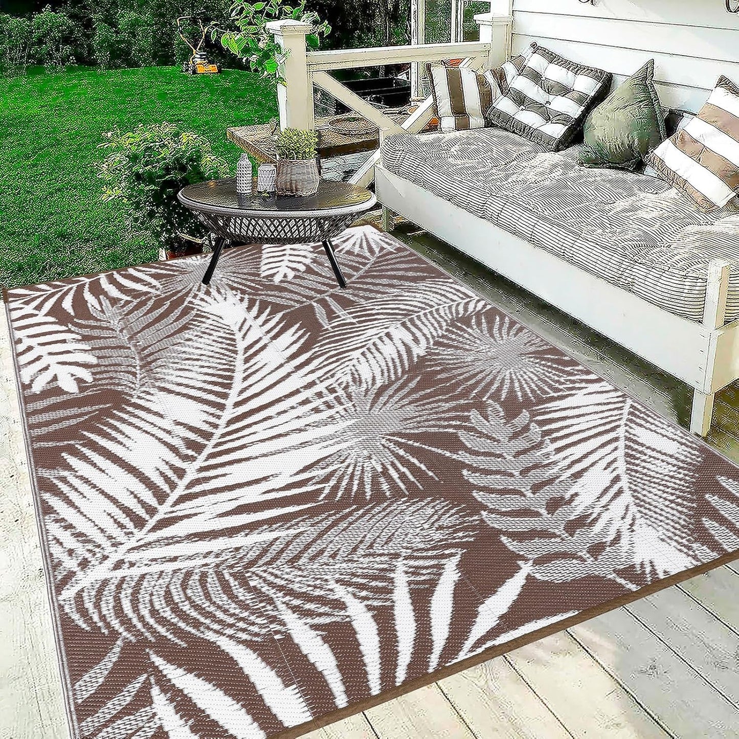 HiiARug Outdoor Rug 6x9Ft Outdoor Plastic Straw Rug Waterproof Outdoor Rugs for Patios Clearance Large Reversible Patio Mat Outdoor Area Rug for Patios Deck Beach RV Camper Backyard,Brown&White