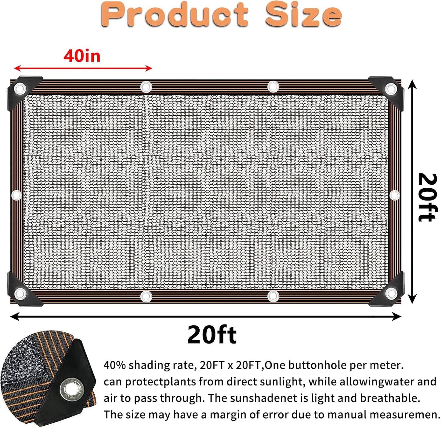 20 x 20 FT Shade Cloth for Plants Greenhouse, 40% Sunblock Shade Sails -for Garden Outdoor Pergola Patio Lawn Plant Kennel Chicken Coop Easier to Hang Net Cover