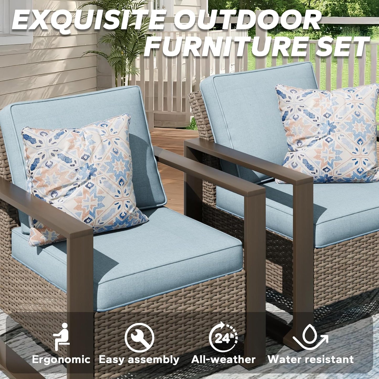 Outdoor Wicker Metal Chairs Set of 2 with Two Ottomans - 4 Pieces Patio Bistro Set with Rectangular Framed Wood-Looking Metal Armrest & Removable Cushions for Terrace, Baby Blue