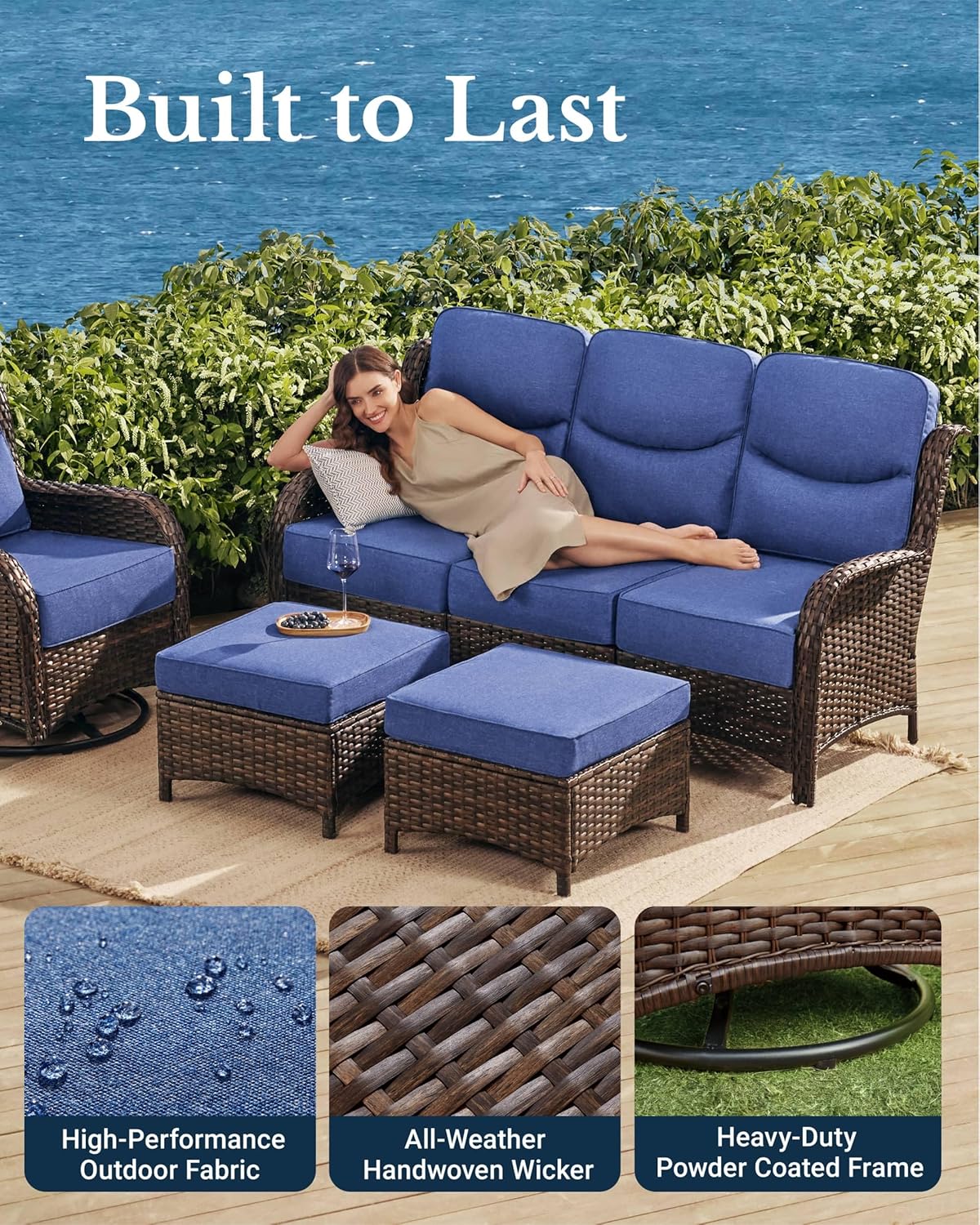 HILLGA Luxury Patio Furniture Set with 6-inch Thick Cushion, Outdoor Sectional Sofa and Coffee Table, 4PCS Wicker Conversation Set for Deck Yard and Poolside, Blue (V2)